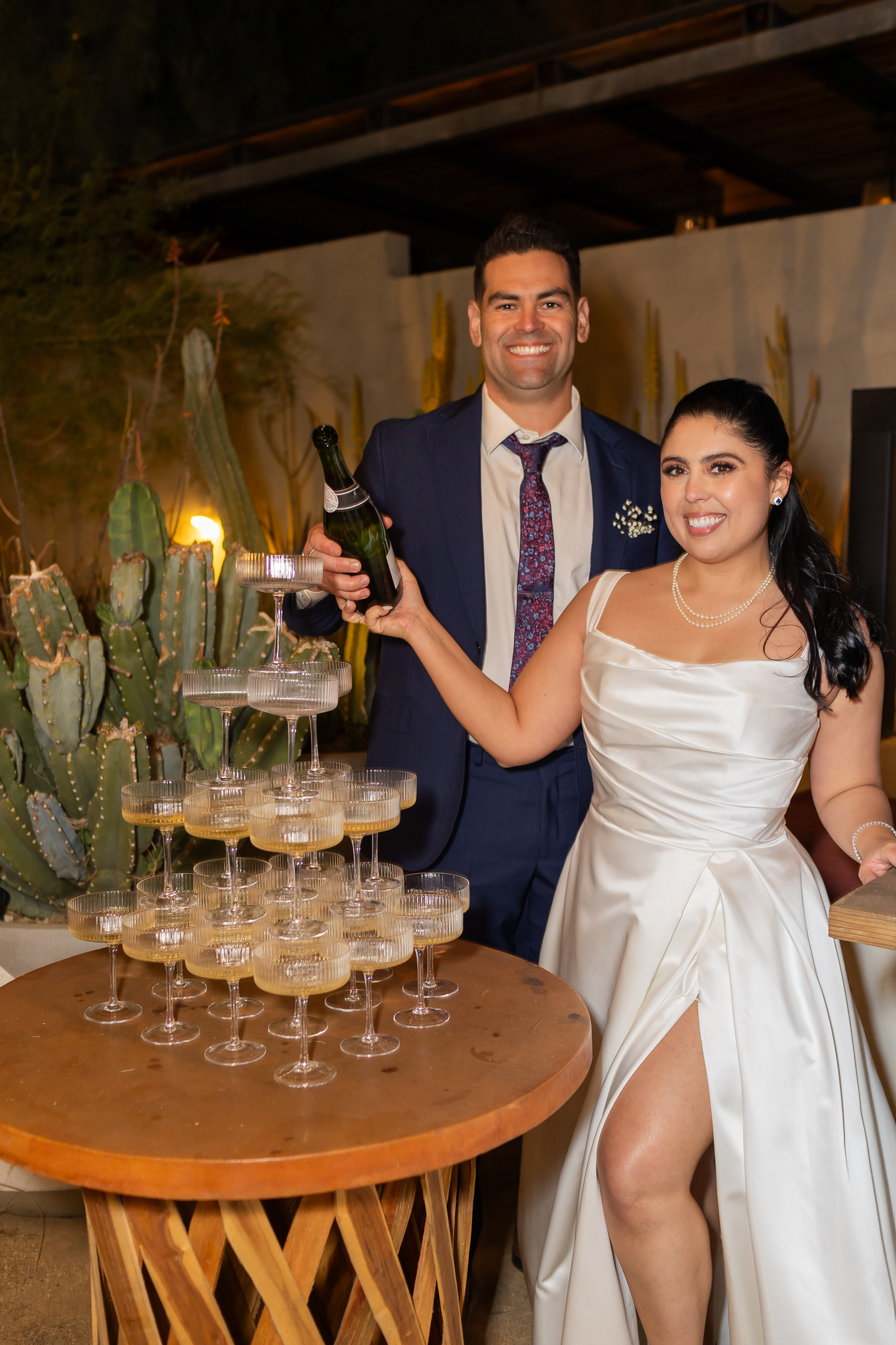 Bride and groom champagne tower
